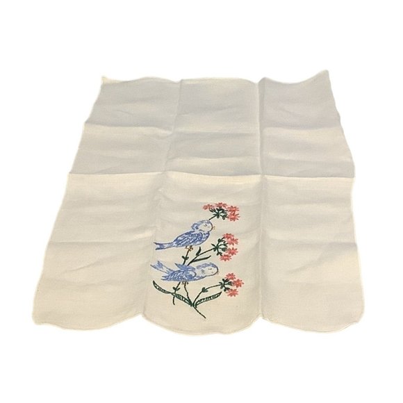 Vintage Linen Napkin Cross Stitch Embroidered Cream Floral Blue Jays 18" x 12" - Picture 6 of 9